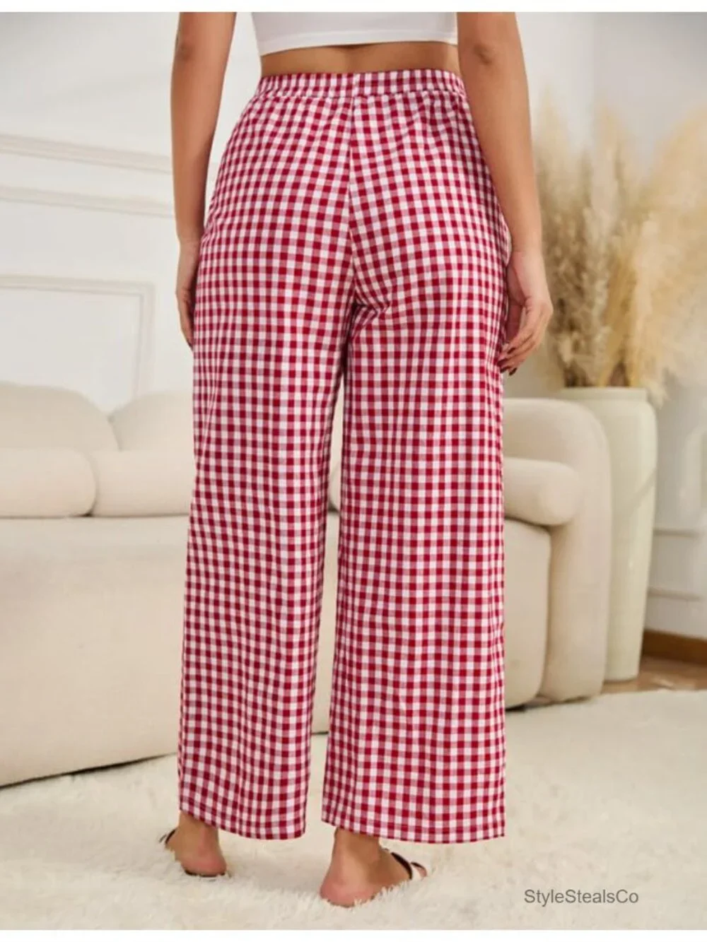 Striped Gingham Wide Leg Pajama Pants with Pockets